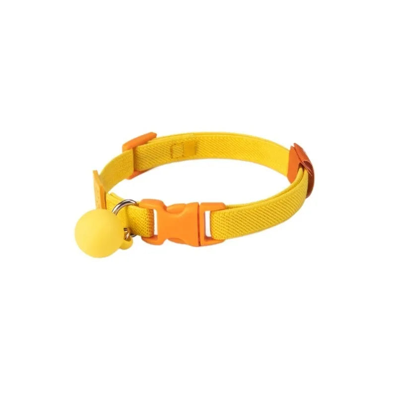 A high elasticity polyester dog collar for small dogs, shown in one of seven colours: yellow, pink, sky blue, purple, brown, dark blue or dark green.
