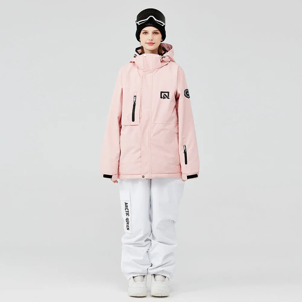 Blue and black two-piece ski suit for men and women on snowy mountain background