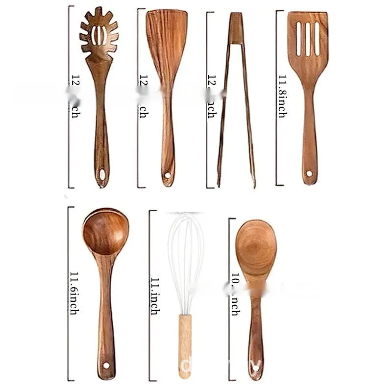 Natural wooden 7-piece kitchen utensil set with spoons, spatulas and soup ladle