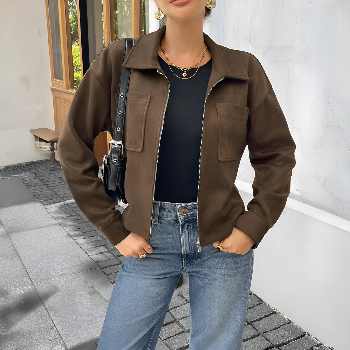 Women's Brown turn-down collar long sleeve jacket coat with regular sleeves, available in sizes S to XL.