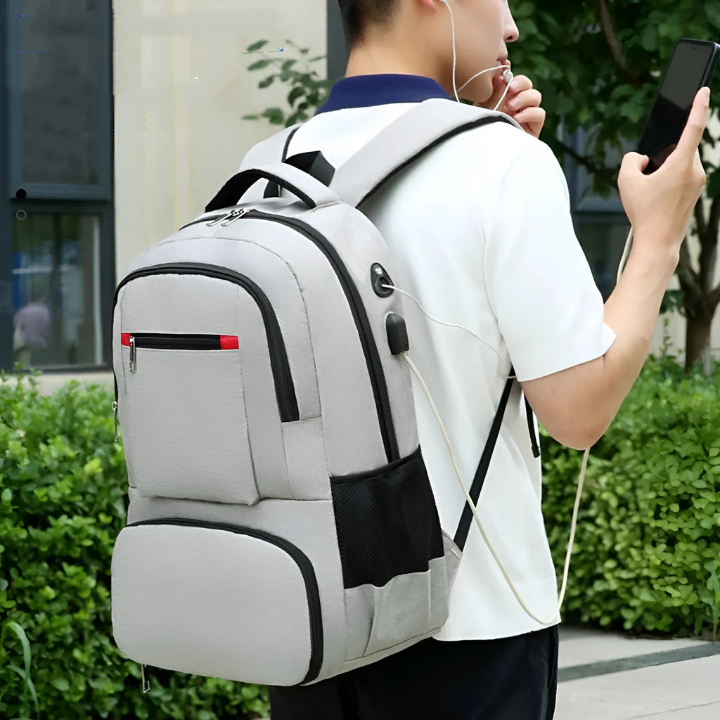 Oxford cloth insulated backpack with curved shoulder straps and multiple compartments