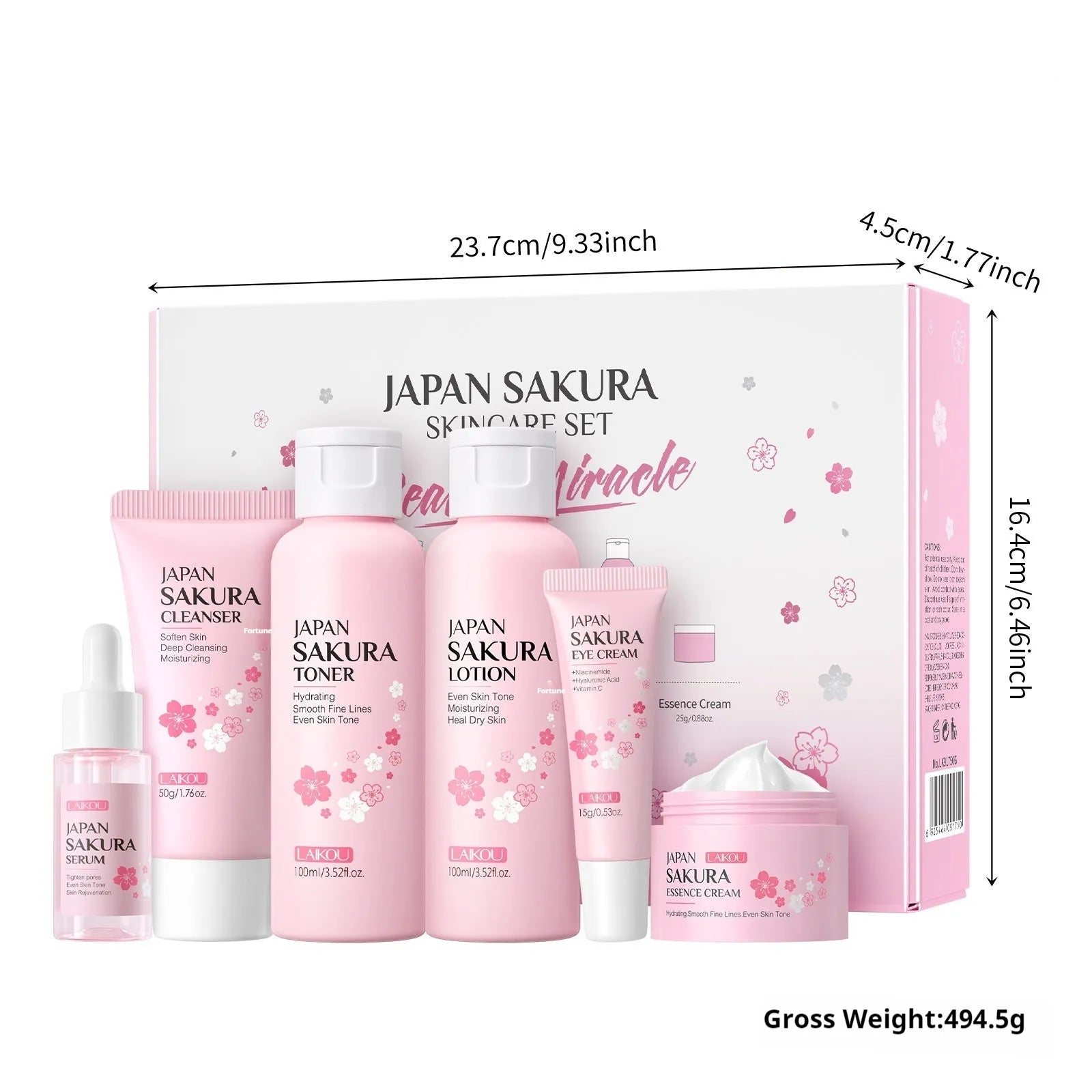 Cherry Blossom facial skincare 6-piece set showing cleanser, toner, creams and treatments