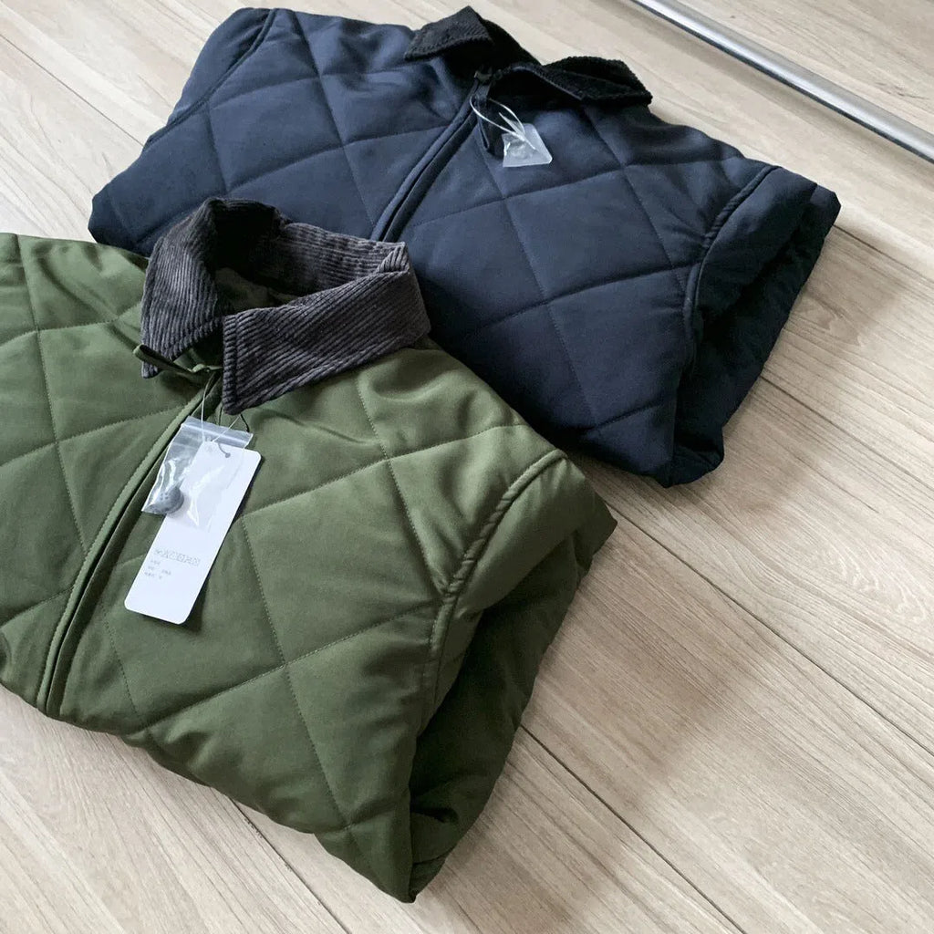 Men's autumn winter thickened nylon jacket in Navy Blue with two-colour collage stitching, loose fit, front view