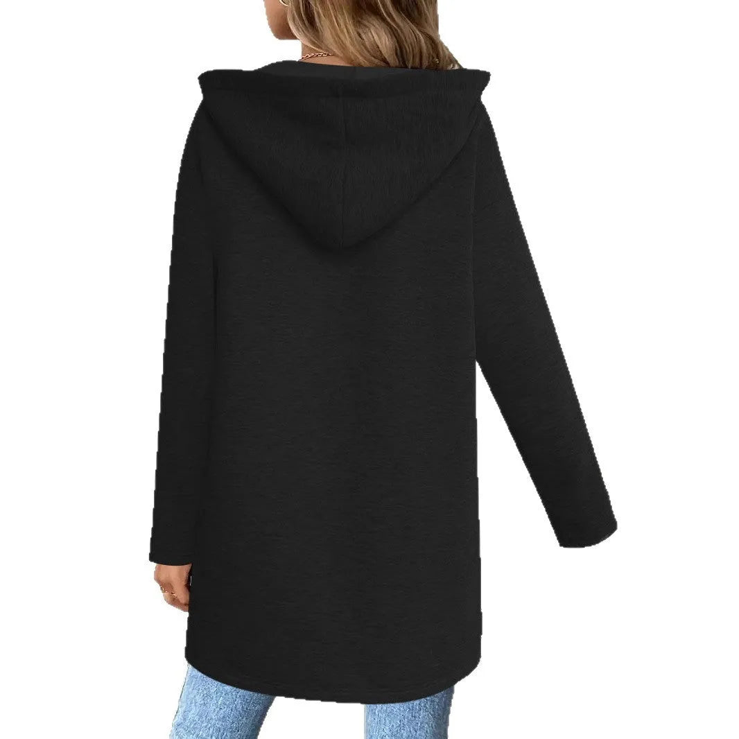 Women's loose fit mid-length cardigan coat in polyester with side pockets