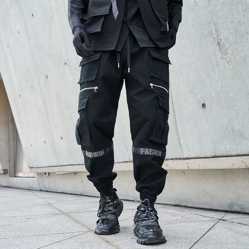 Men's loose plus size mechanical style cotton trousers in black, mid-waist, full length