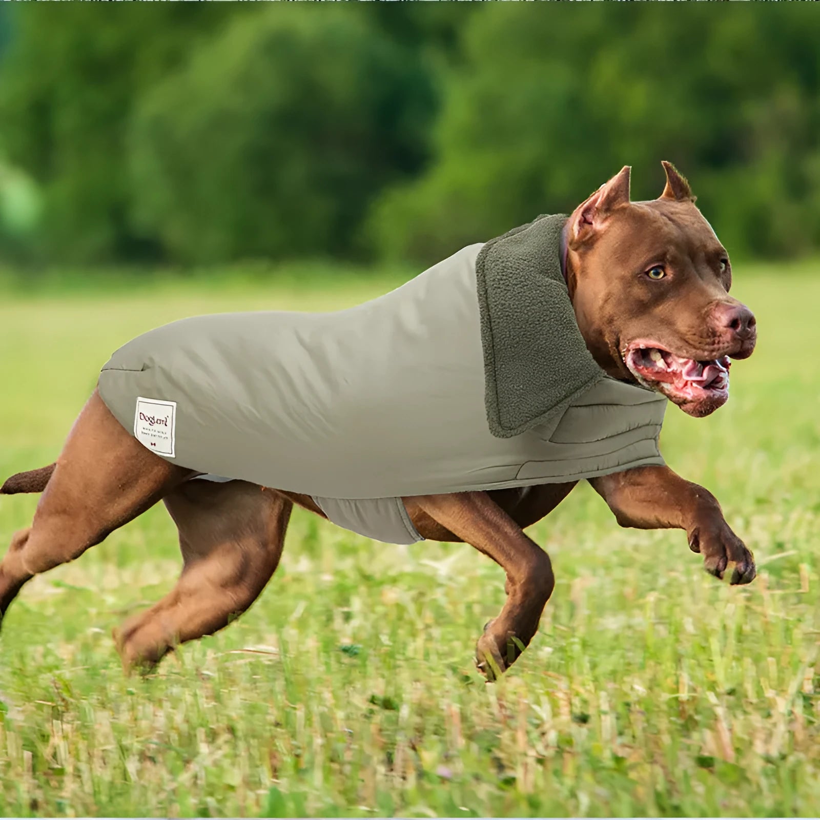 Dog wearing lapel turtleneck cotton-padded winter vest in khaki green colour