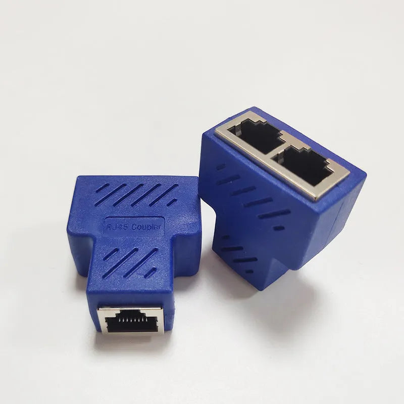 RJ45 network cable splitter with three-way tee connector in multiple colour options