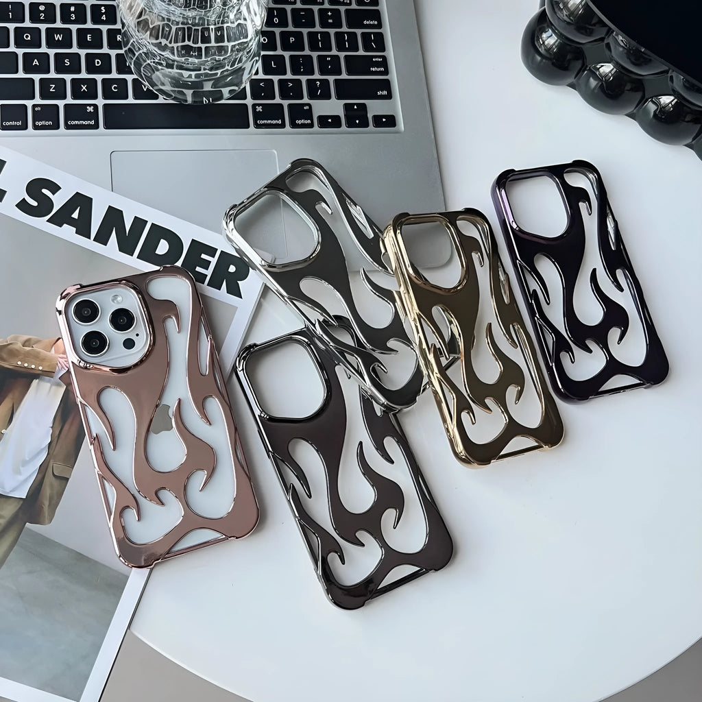 Electroplated hollow flame pattern soft phone case for Apple iPhone in silver finish.