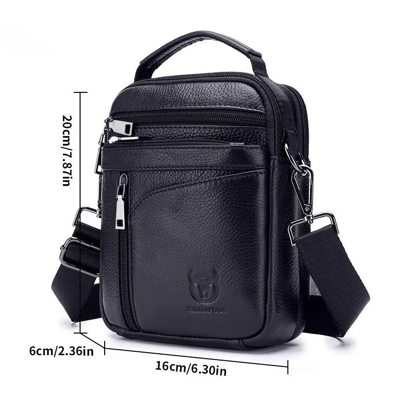 Black genuine leather mens shoulder messenger bag with retro styling