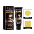 Car scratch removal kit showing 60g wax bottle, application sponge and buffing towel on work surface