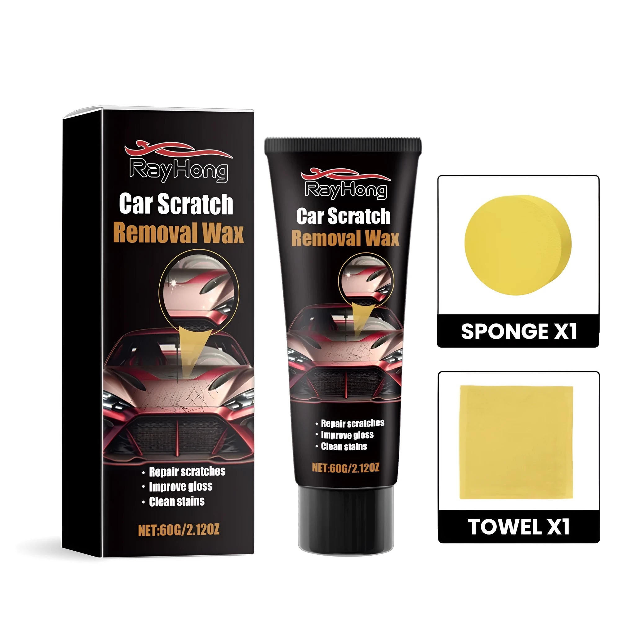 Car scratch removal kit showing 60g wax bottle, application sponge and buffing towel on work surface