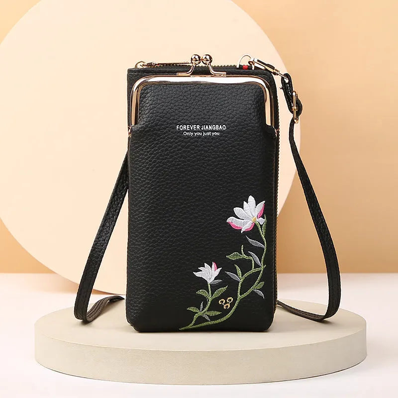 Flower embroidery soft PU phone bag with lock buckle, contrast stitching, five colours, vertical square shape