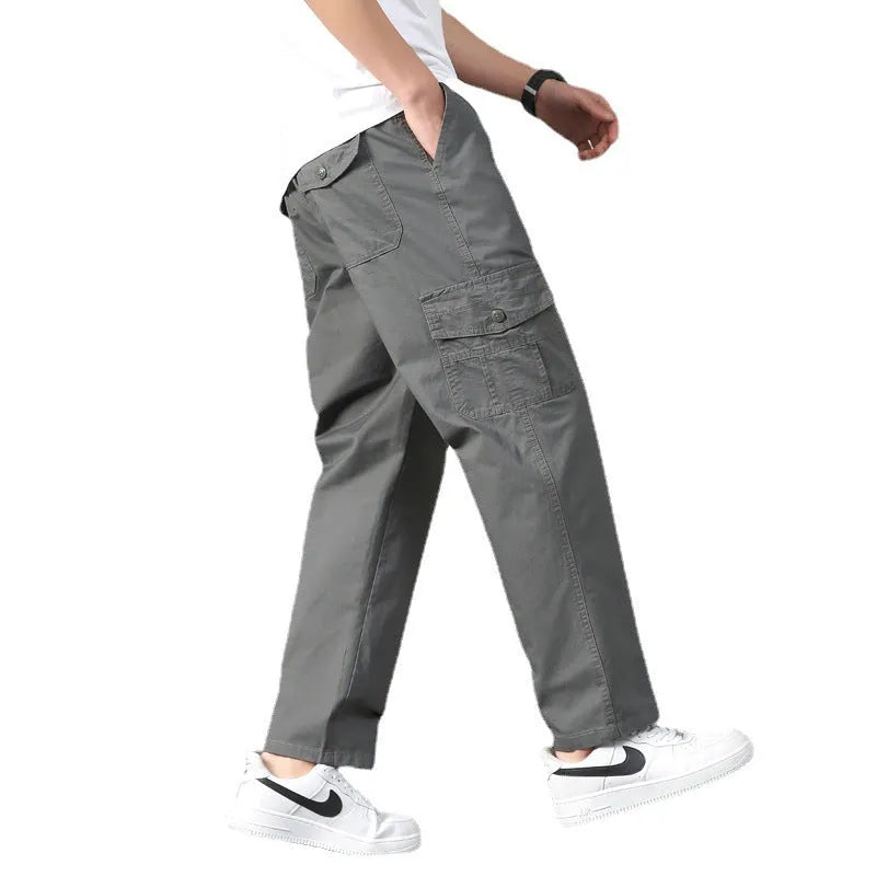 Men's cotton straight-leg casual pants in khaki, black, army grey, dark grey or light grey, sizes M to 6XL