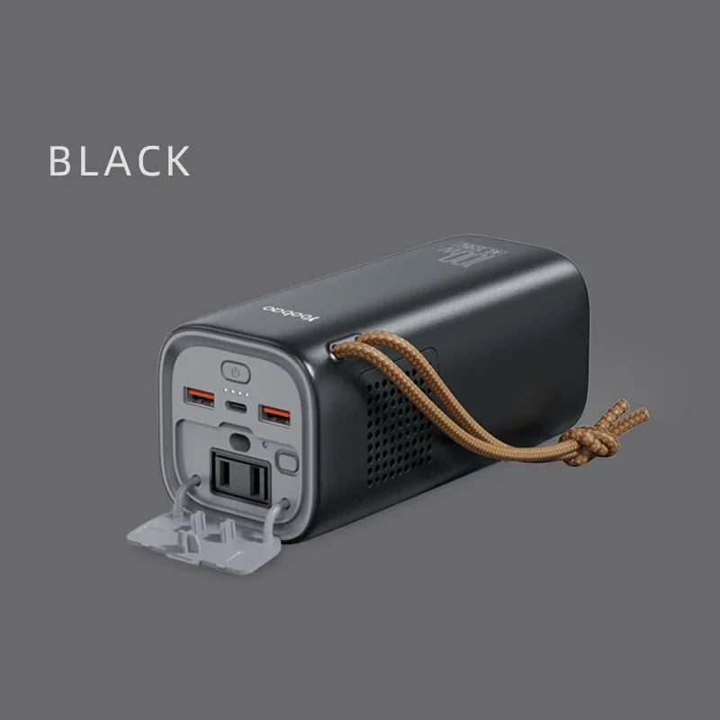 Black portable power bank with solar panel, 20000mAh capacity, and 200W maximum output power