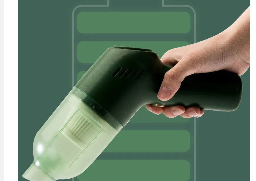 Electric cat and dog hair suction cleaner in green, USB powered, 244x72x157mm, with two suction heads on a fabric surface.