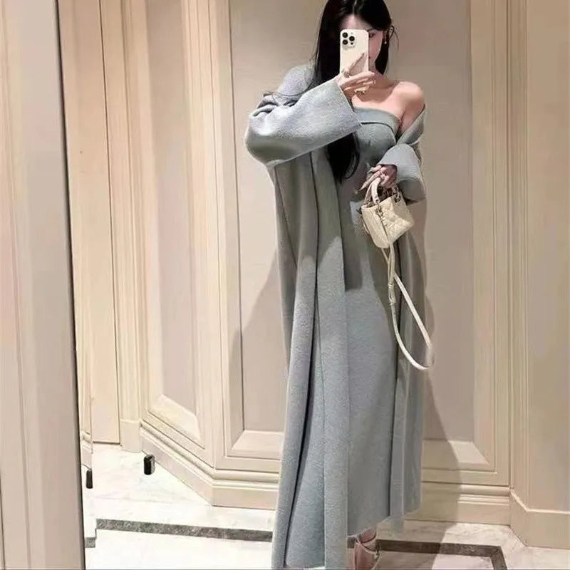 Women's grey knitted dress and coat suit set with flocked texture
