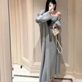 Women's grey knitted dress and coat suit set with flocked texture