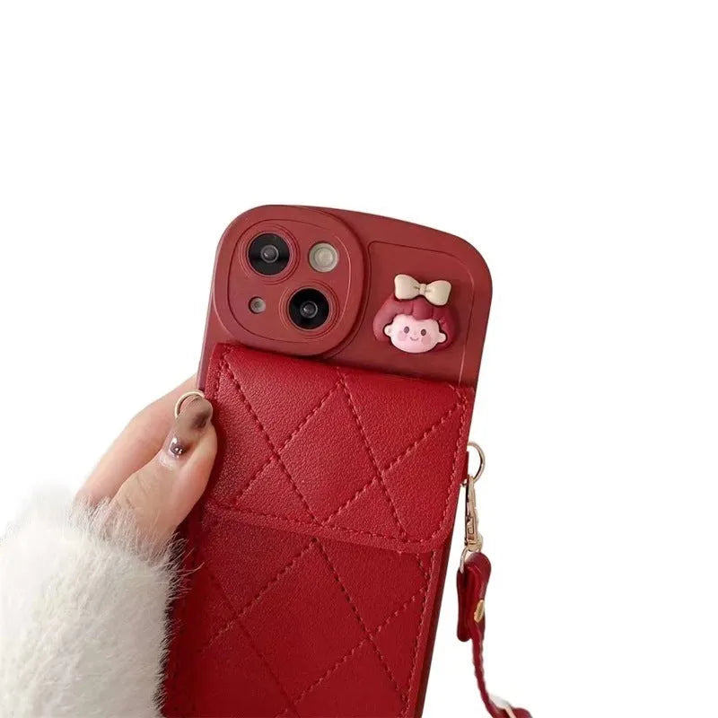 Red crossbody card holder phone case with lanyard and red diamond plaid TPU finish for iPhone