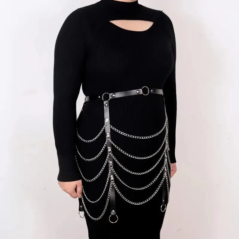 Black PU leather waist chain ornament with bandage-style binding design and adjustable chain