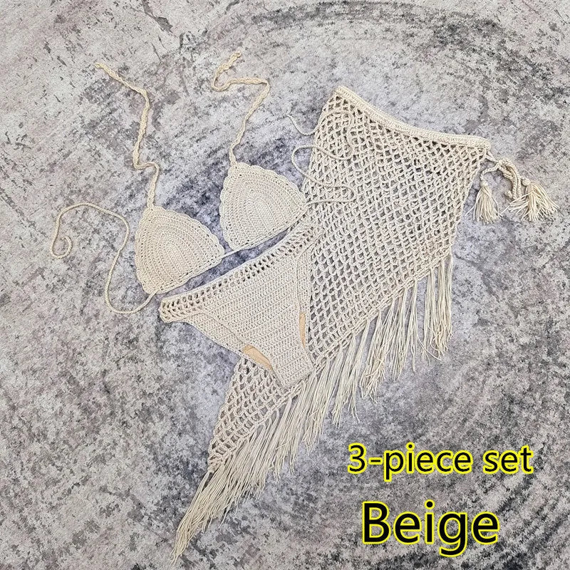 Women's handmade crochet three-piece bikini and beach skirt swimsuit set