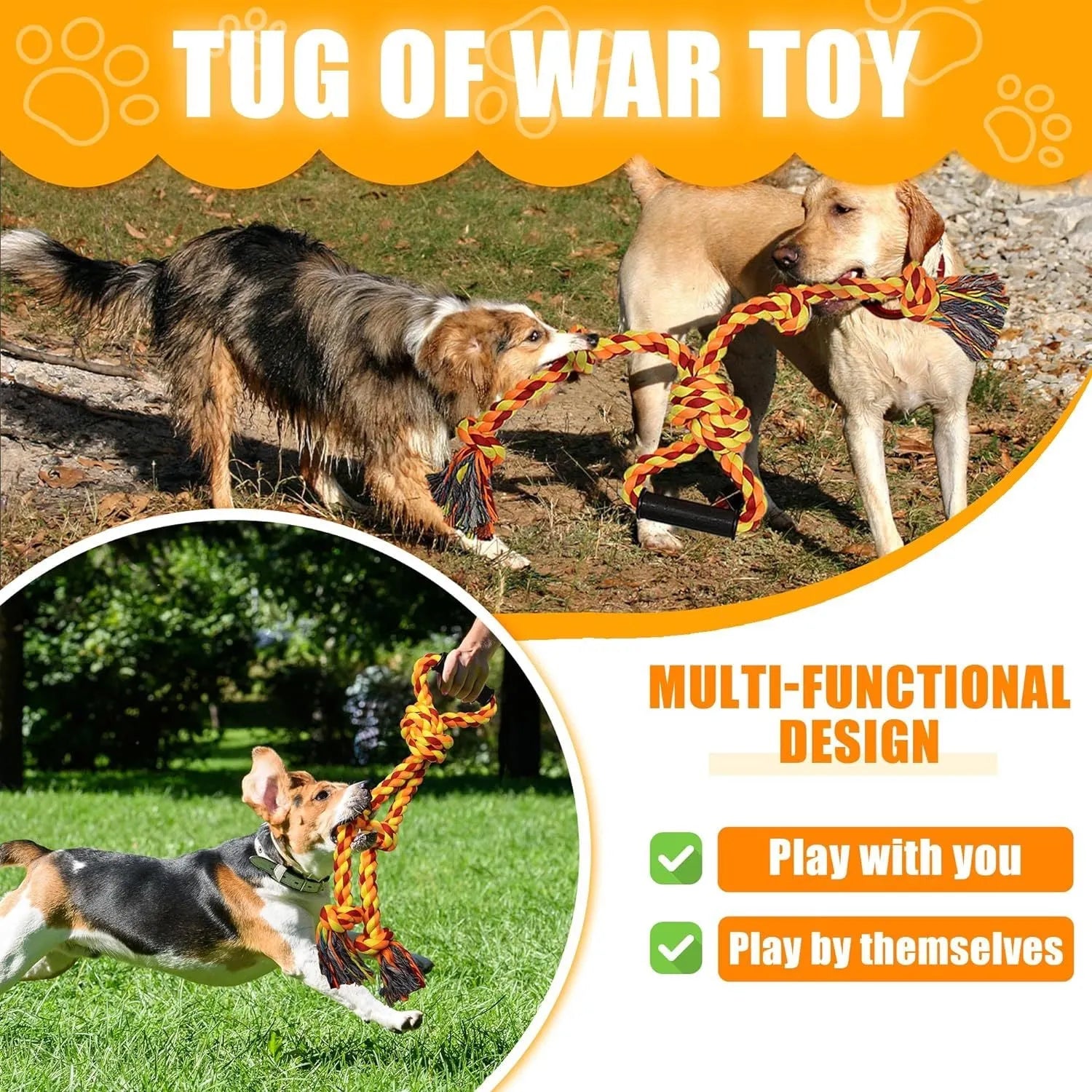 Blue and yellow cotton rope tug toy for large breed dogs with humanised handle