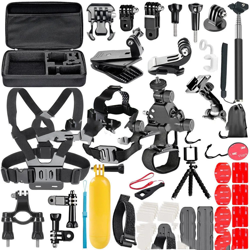 Black GoPro accessories set with chest strap mount and tripod mount for Hero 4 3 2 cameras