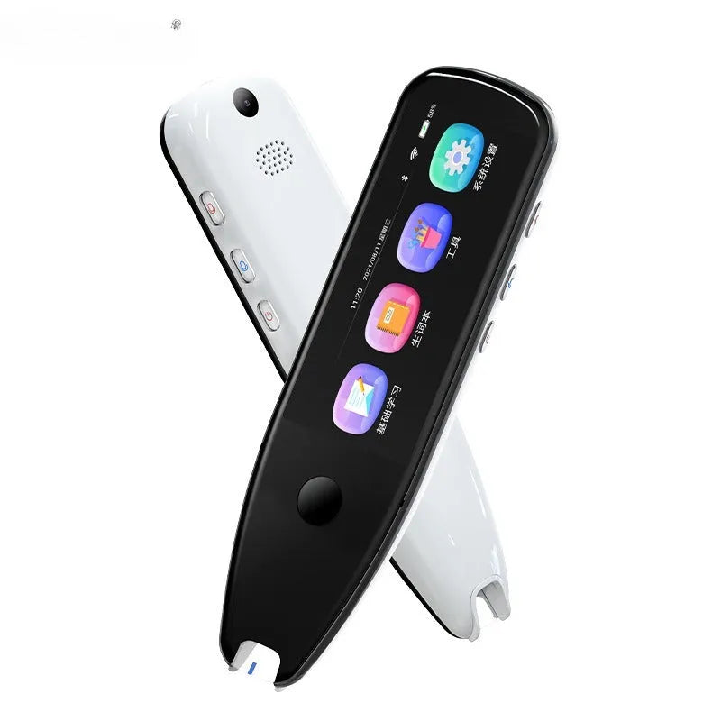 X5PRO Smart Translation Pen with 35-inch screen, ABS body, metal button, black colour, side view showing scan tip and screen