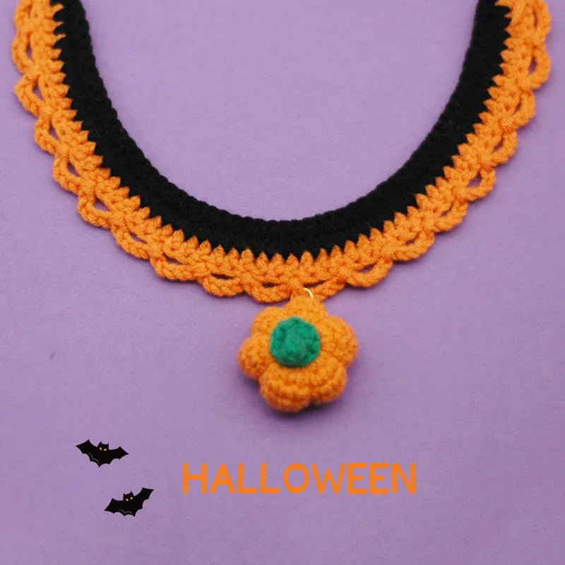 Hand crocheted wool Halloween pet collar for cats and dogs in pumpkin colours with adjustable sizing