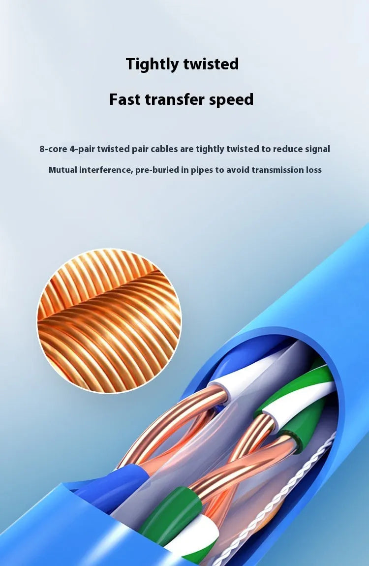 A large reel of blue or grey Cat 6A gigabit ethernet cable with oxygen-free copper conductors, showing 305m length.
