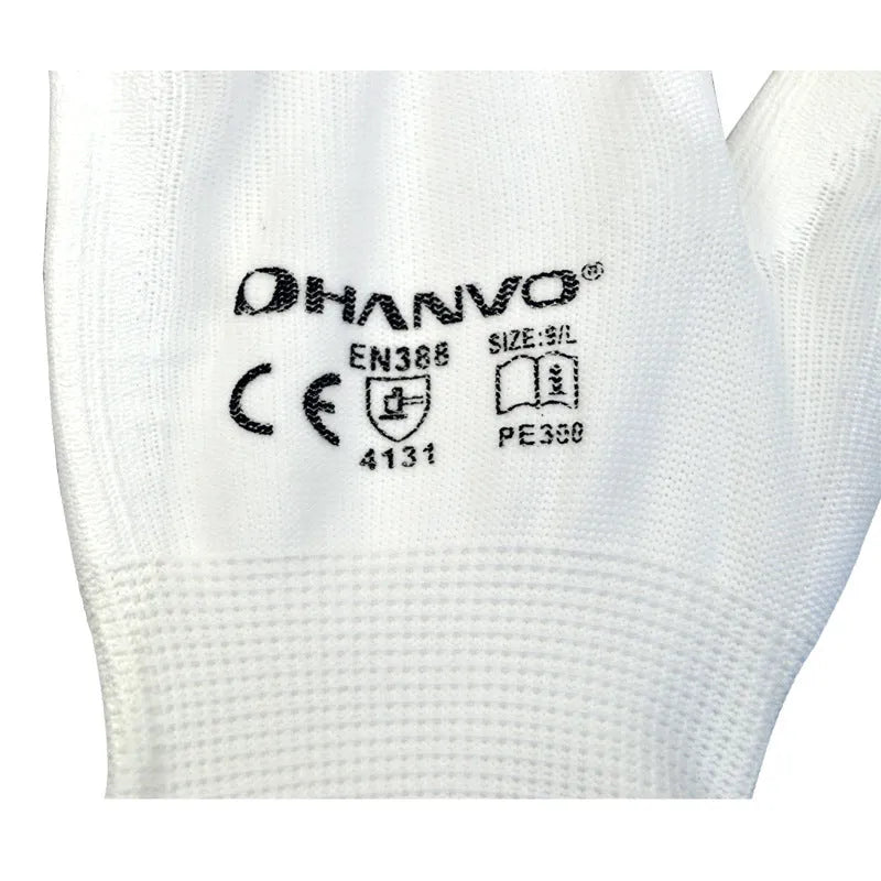 White PU coated work gloves showing flexible material and extended 24 cm cuff length.