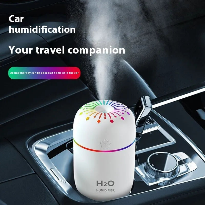 White USB mini humidifier with 300ml water tank on wooden desk next to laptop