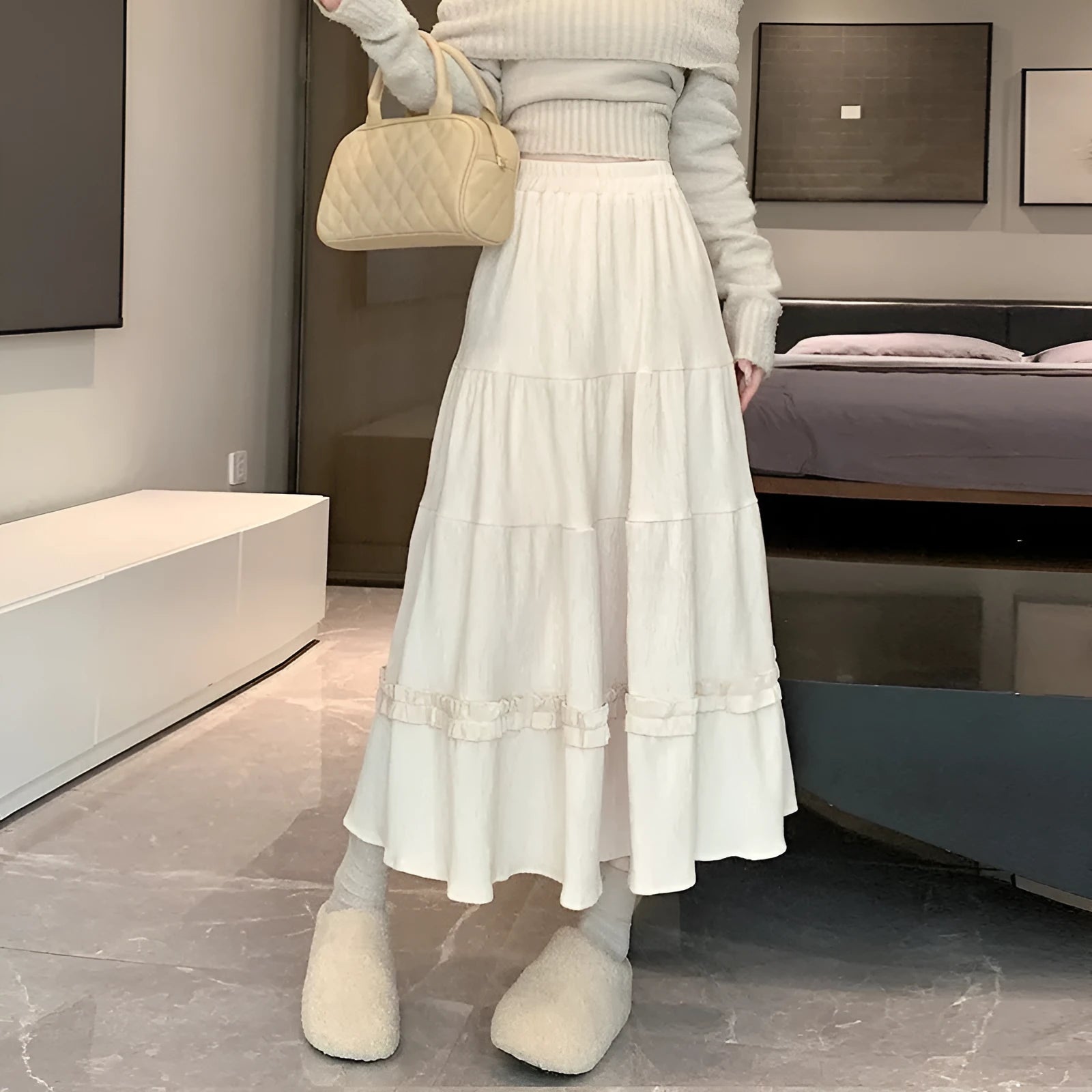 Midi A-line corduroy skirt with elastic waistband in solid colour options