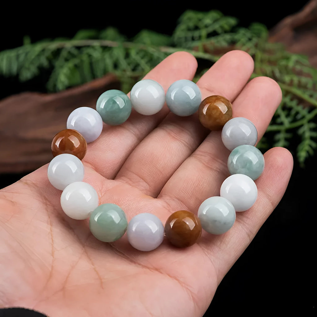 Women's natural Myanmar jade bracelet with three colours in 13mm round beads