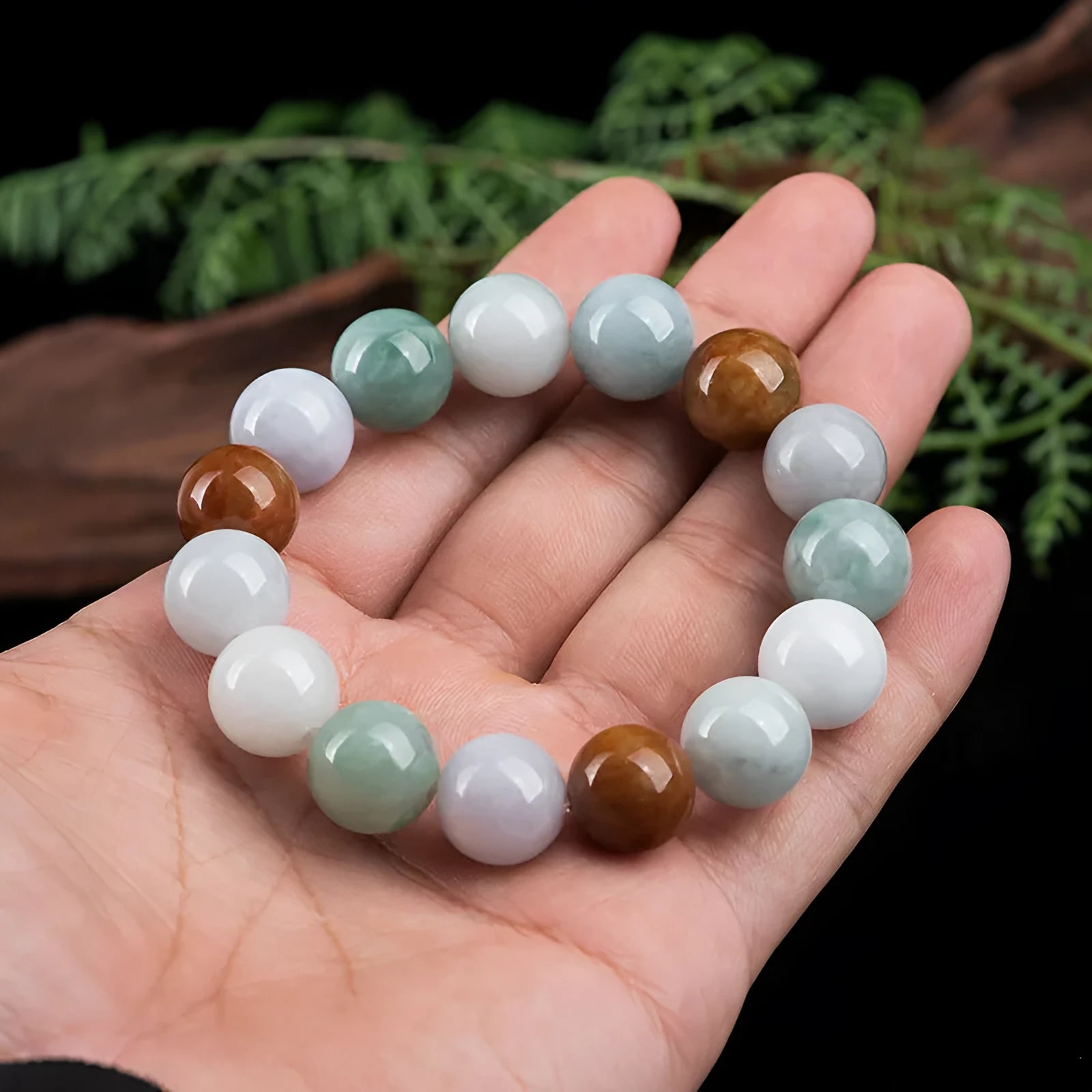 Women's natural Myanmar jade bracelet with three colours in 13mm round beads
