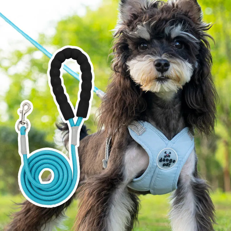 A blue polyester dog vest harness connected to a matching hand-held leash.