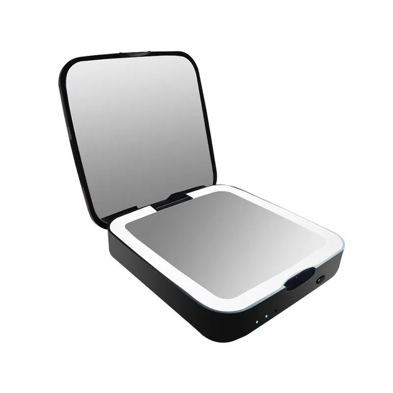 Black and white lighted makeup mirror showing magnifying side and adjustable LED light controls.