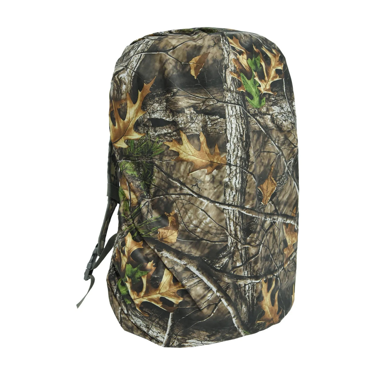 Waterproof PU backpack rain cover in army green, shown fitted over a large hiking rucksack.