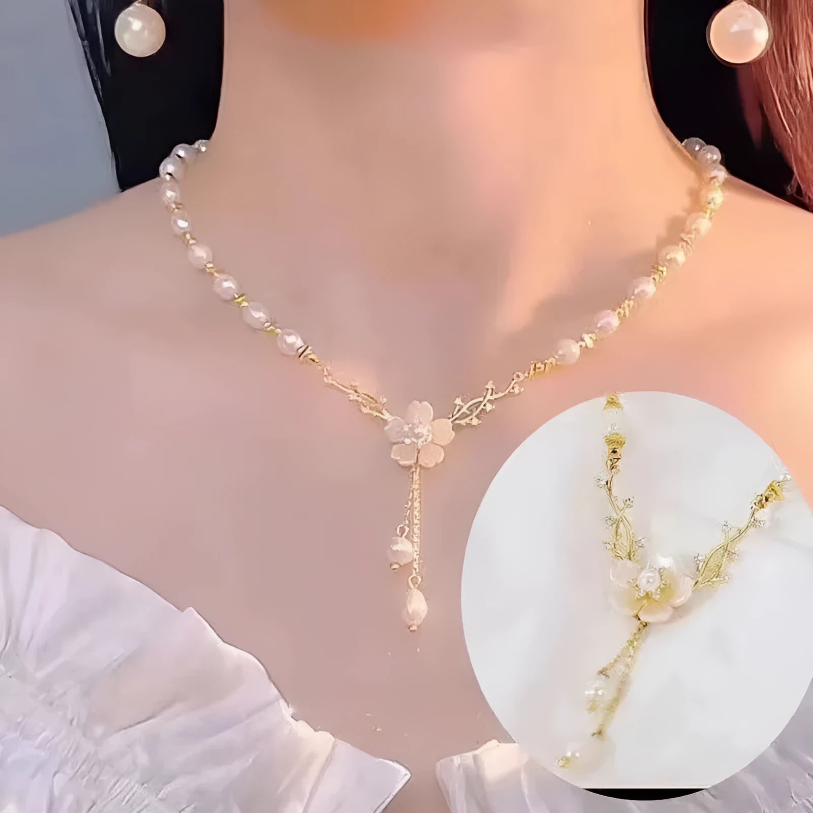 Women's alloy necklace with pearl flower design and rose accents on pearl chain