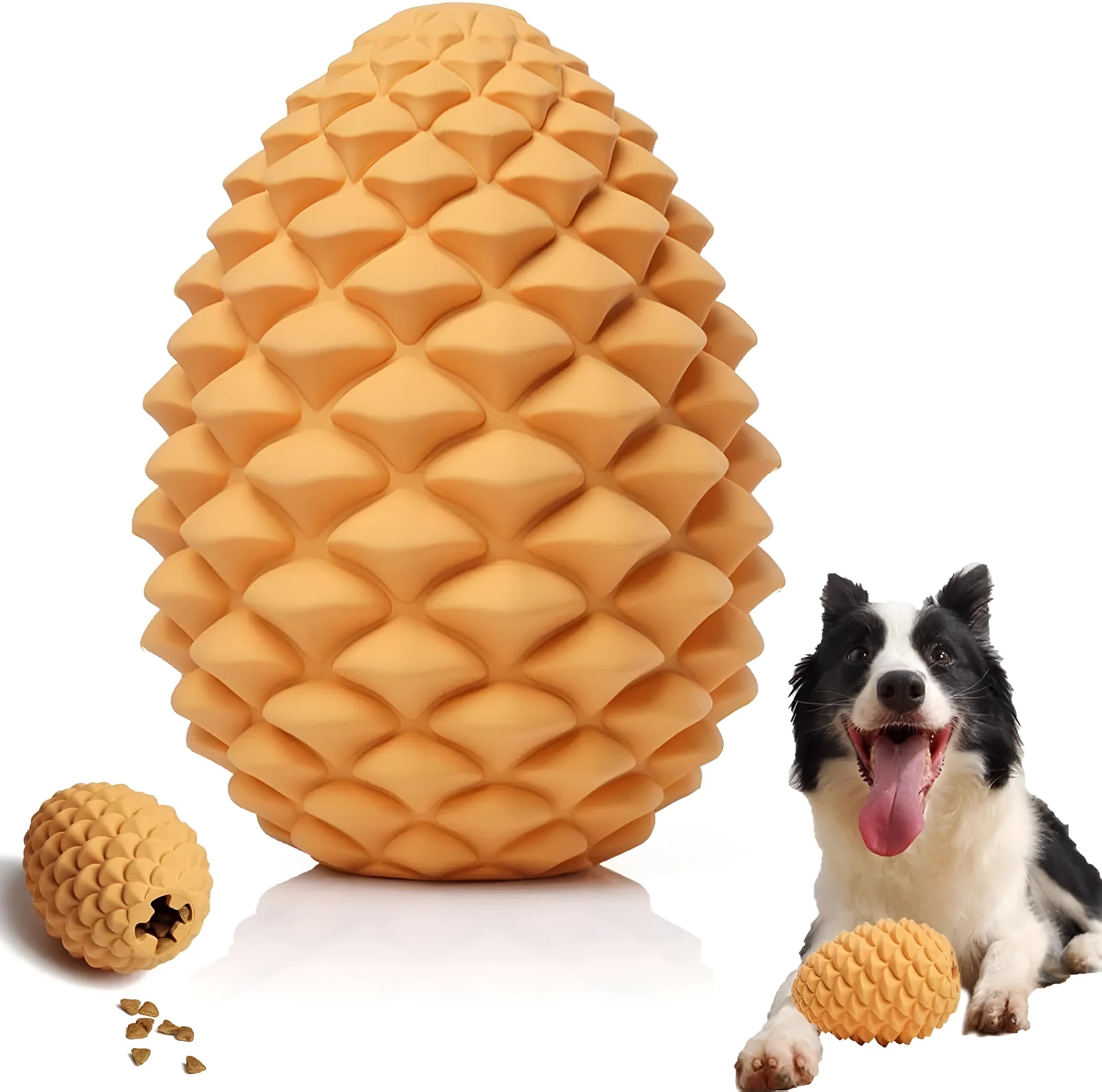 Yellow pine cone-shaped natural rubber dog chew toy with treat dispenser hole
