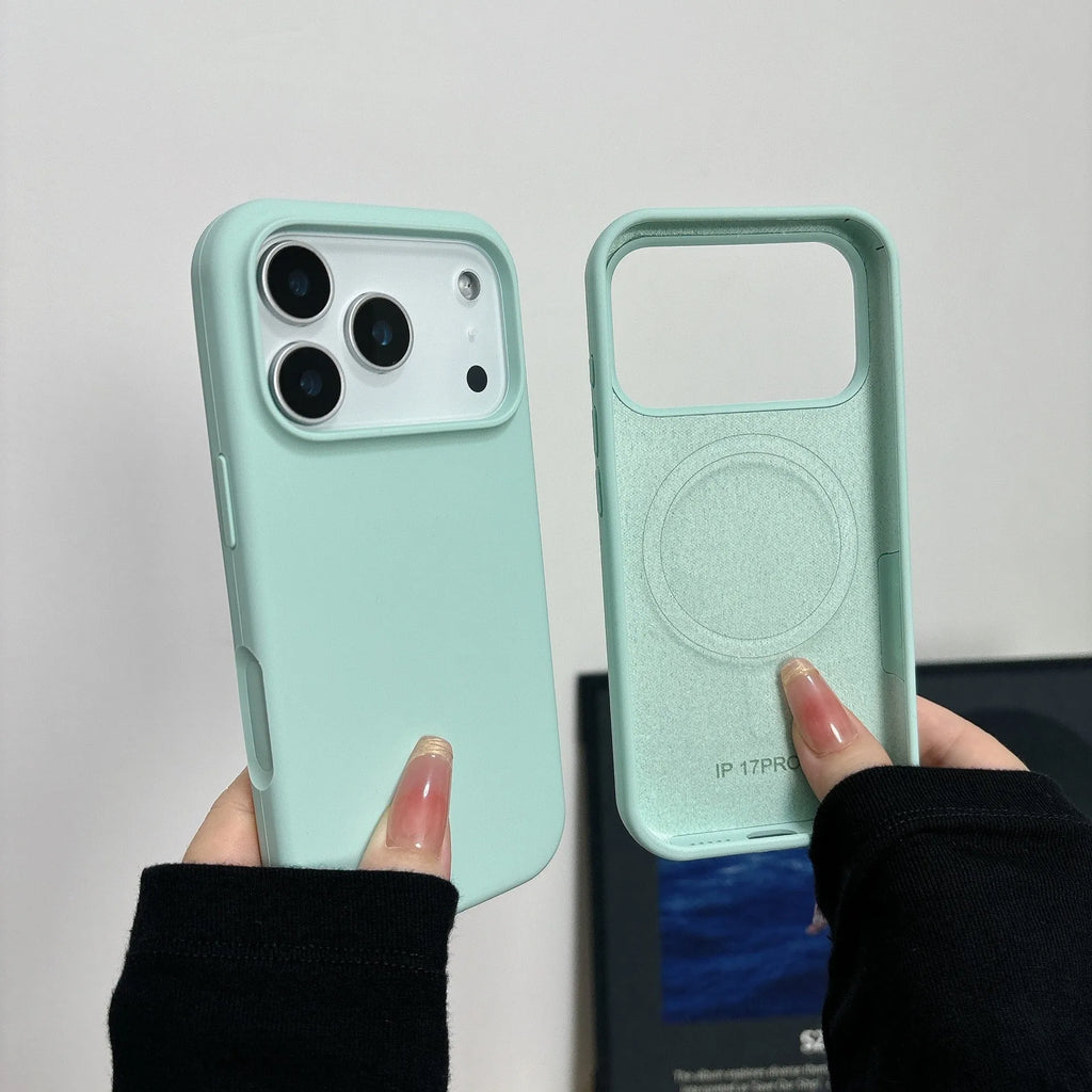 Liquid silicone iPhone case with integrated magnetic charging port, shown in Antique White colour.
