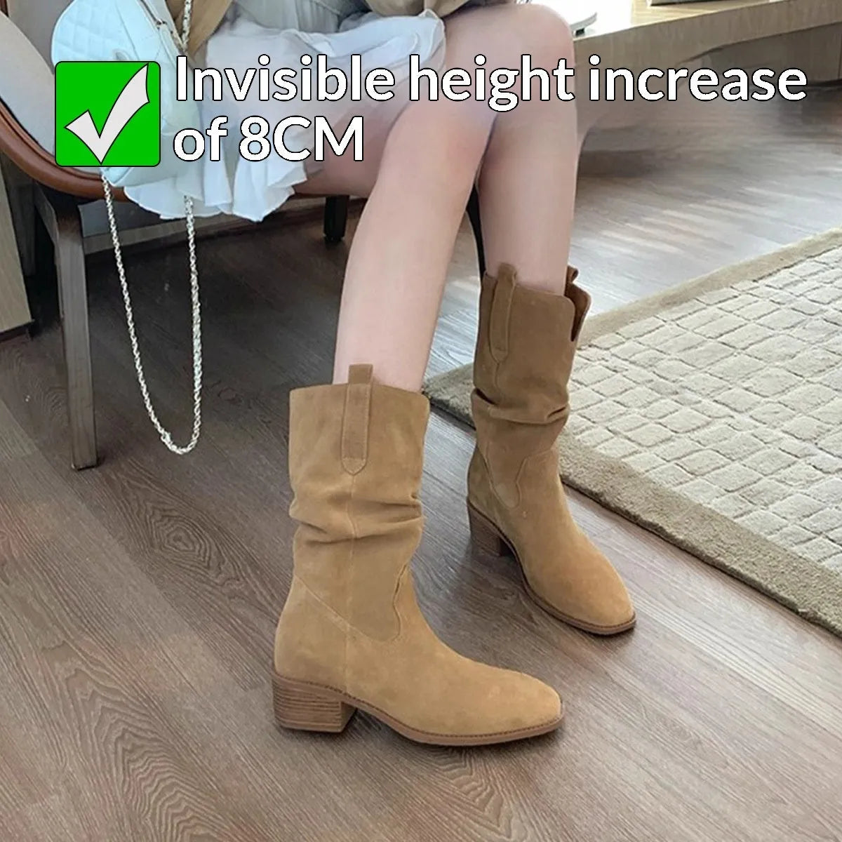 Women's 8cm chunky heel ankle boots in khaki with round toe, slip-on style, and high shaft design