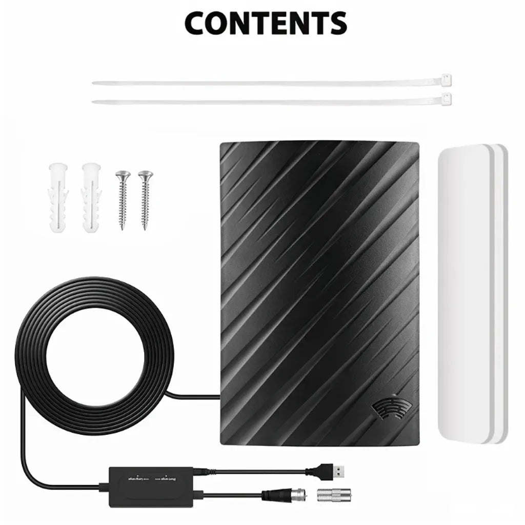 Black digital television antenna with mounting accessories including expansion tubes, screws, and cable ties
