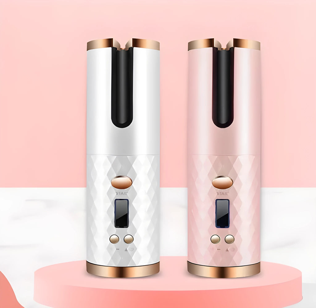 A white portable automatic curling iron with a USB charging port and gold ceramic barrel.