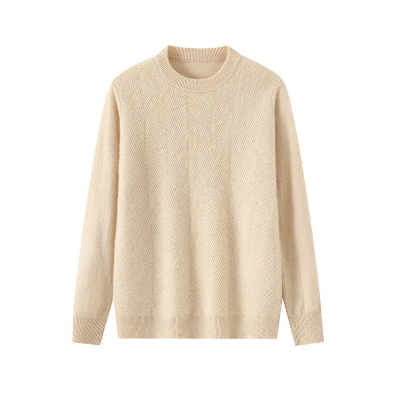 Men's round neck pullover wool knitted sweater in mild beige with long sleeves