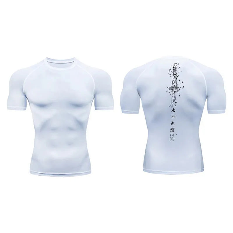 Men's short sleeve compression shirt with sword print design in loose fitting polyester blend fabric
