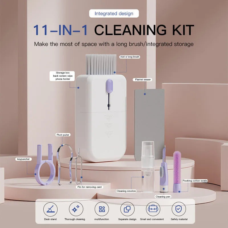 Portable 11 in 1 cleaning kit with brushes and storage box in blue and orange for keyboard and phone screen cleaning