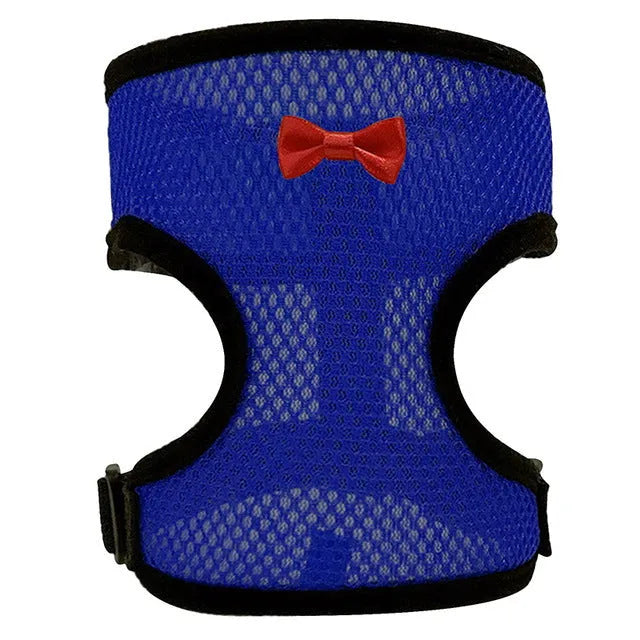 Poultry chicken vest harness with matching collar bow on a size chart showing XS to XL measurements and 110cm rope.