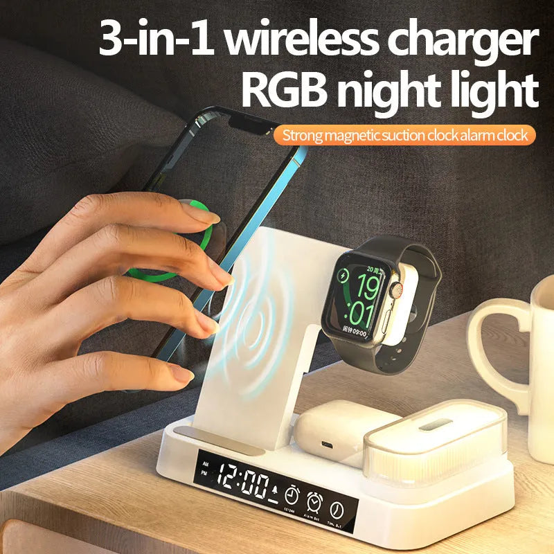White 4-in-1 wireless charging station with foldable design showing phone charging, alarm clock display, and RGB night light