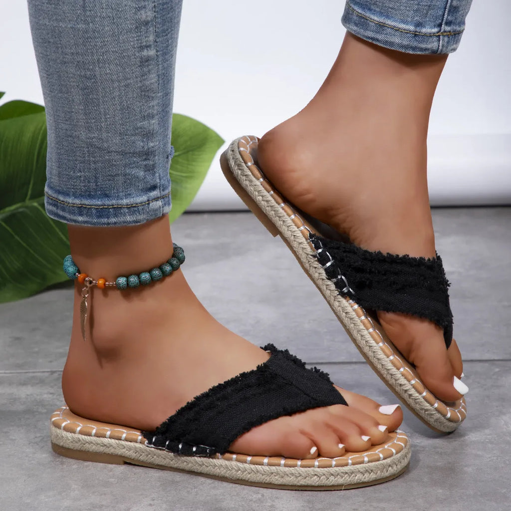 Women's canvas flip flops in blue, white, apricot, or black, flat thong sandals, sizes 36 to 43