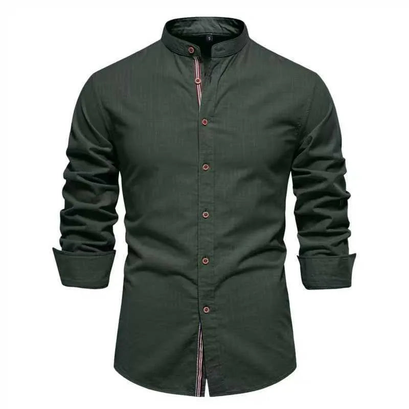 Men's solid colour long sleeve non-iron hemp blend shirt in army green, front view